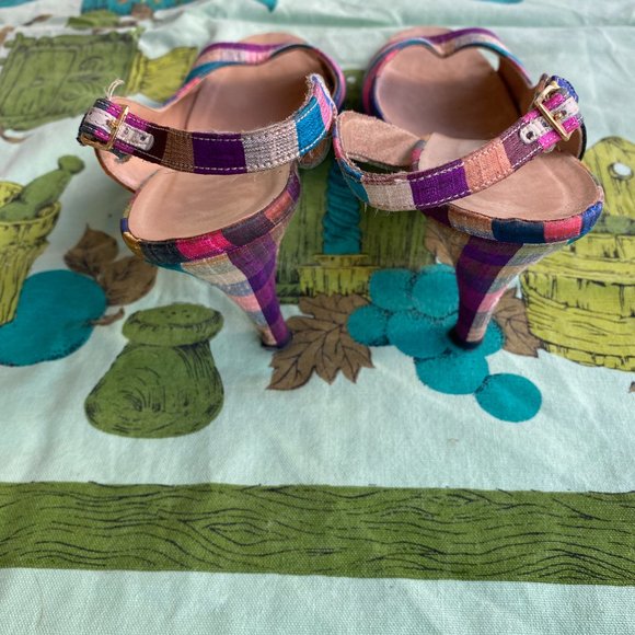 Vintage 1950s 1960s Spring Rainbow Plaid Silk Palter DeLiso Sandals Size US 9M - Picture 11 of 12